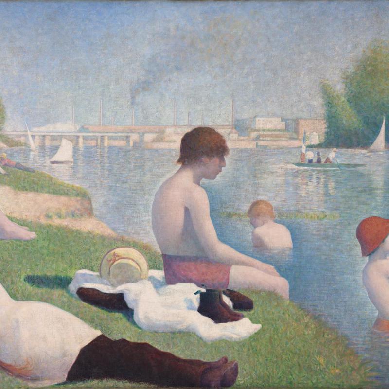 What feels strange about the figures in Seurat's 'Bathers'?  